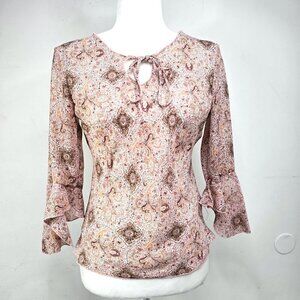 Vintage Y2K 90s Pink Brown Paisley 3/4 Ruffle Sleeve Top USA